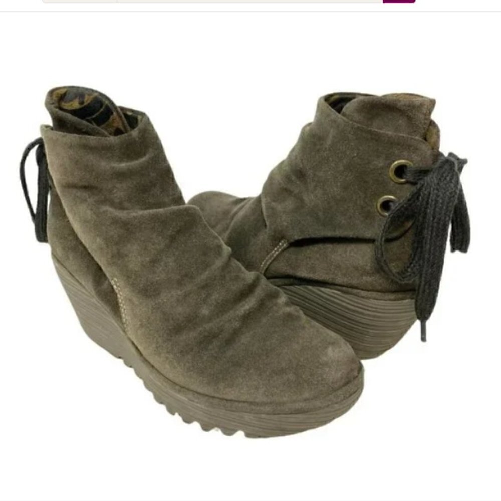 Fly London Yama Slouch Suede Wedge Ankle Boots - Size 7